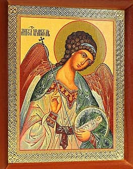 Icon of the Guardian Angel holding a cross and a small figure of the soul, from our folding diptych