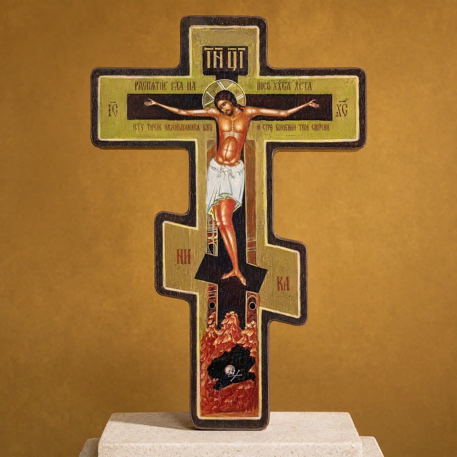 Orthodox Crucifix Save and Protect, wooden cross (8 in): close-up of the painted image and the wood.