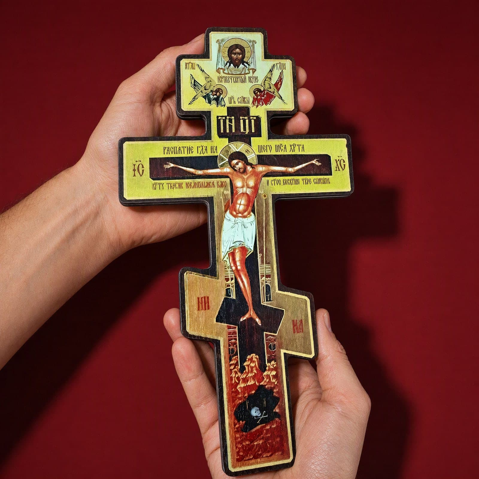 Orthodox Crucifix Save and Protect, wooden cross (8 in) held upright in both hands at its true size (8 in, 20.3 cm).