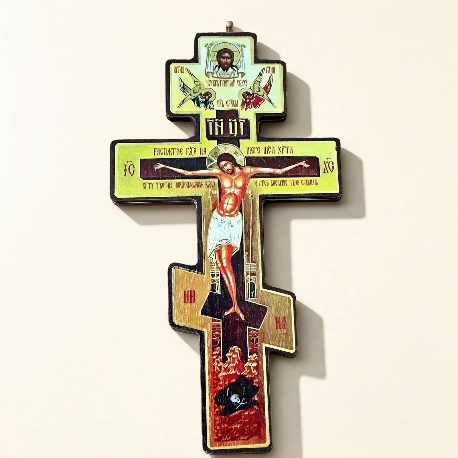 Orthodox Crucifix Save and Protect - Wooden Cross 8in against a bone-white backdrop.