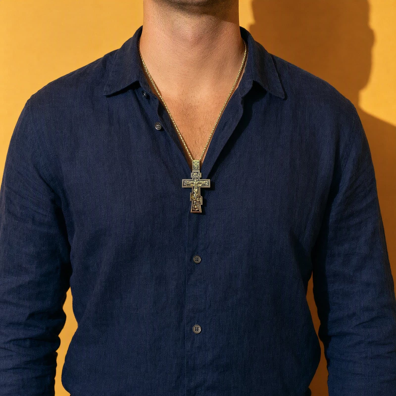 Orthodox Crucifix - 60cm Chain - Gold Color - Stainless Steel Cross worn on a man's chest at its true size (7.0 cm).