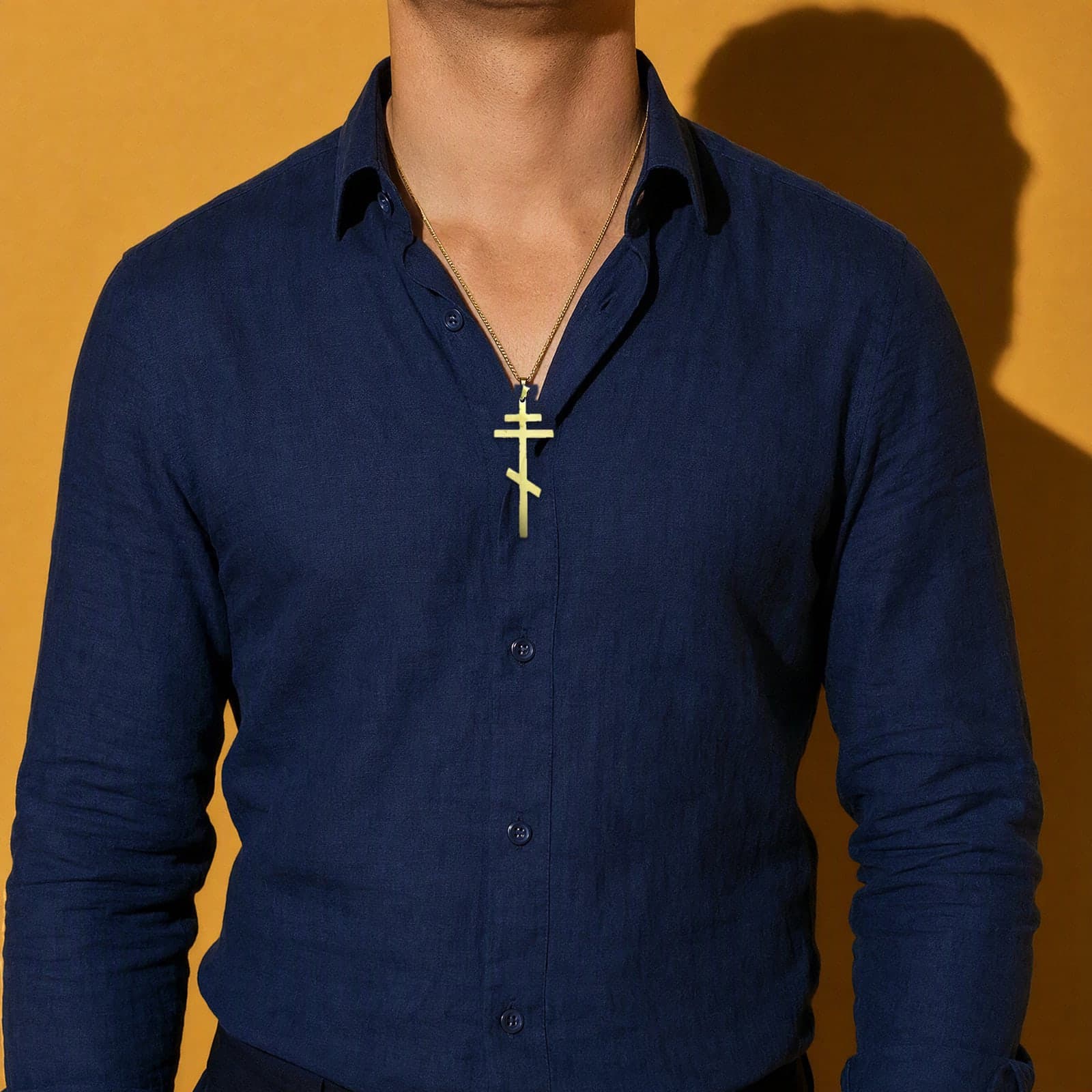 Orthodox Crucifix - Gold Color - 60cm Chain - Stainless Steel Cross worn on a man's chest at its true size (7.5 cm).