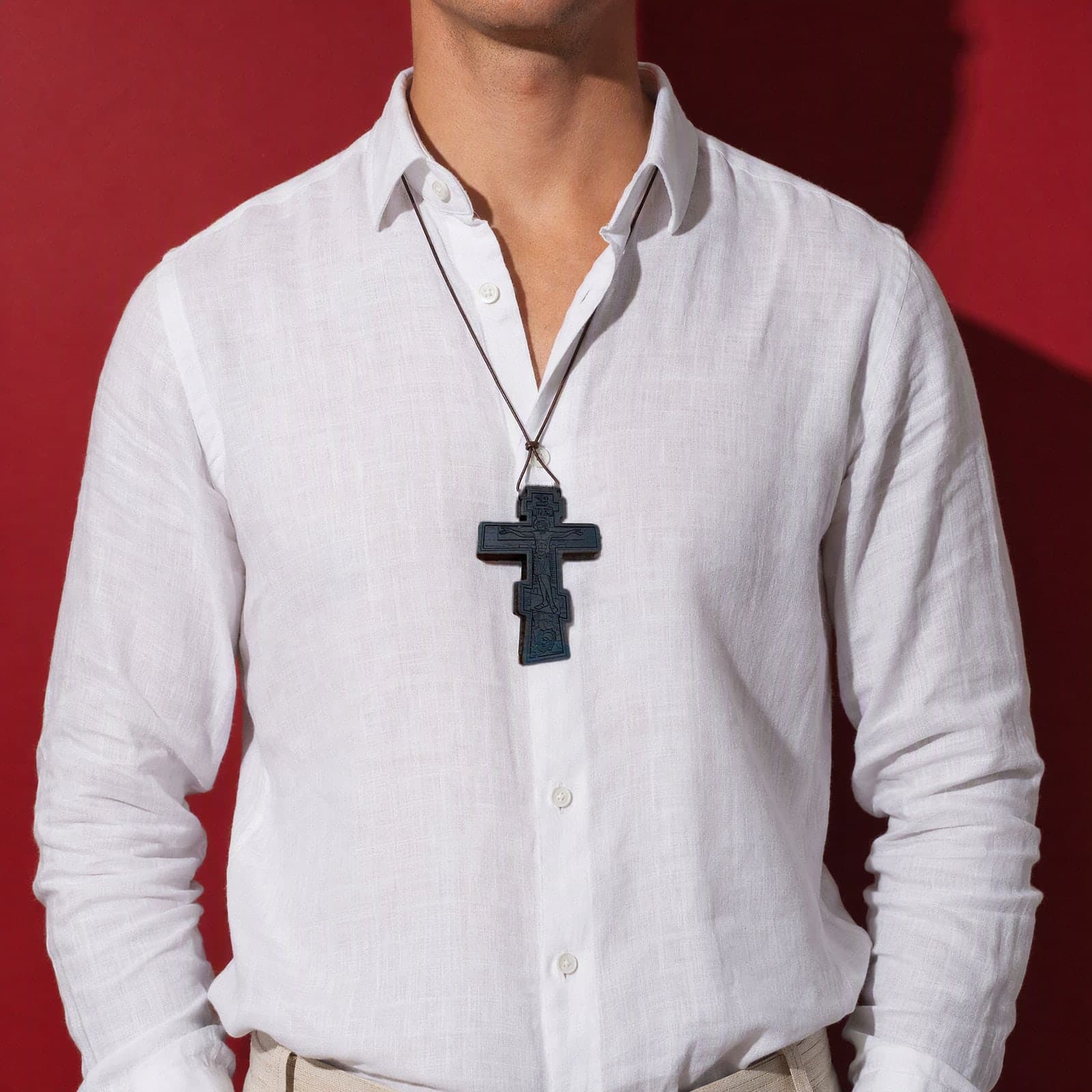 Orthodox Crucifix - Black Color - Wooden Cross worn on a man's chest at its true size (8.0 cm).