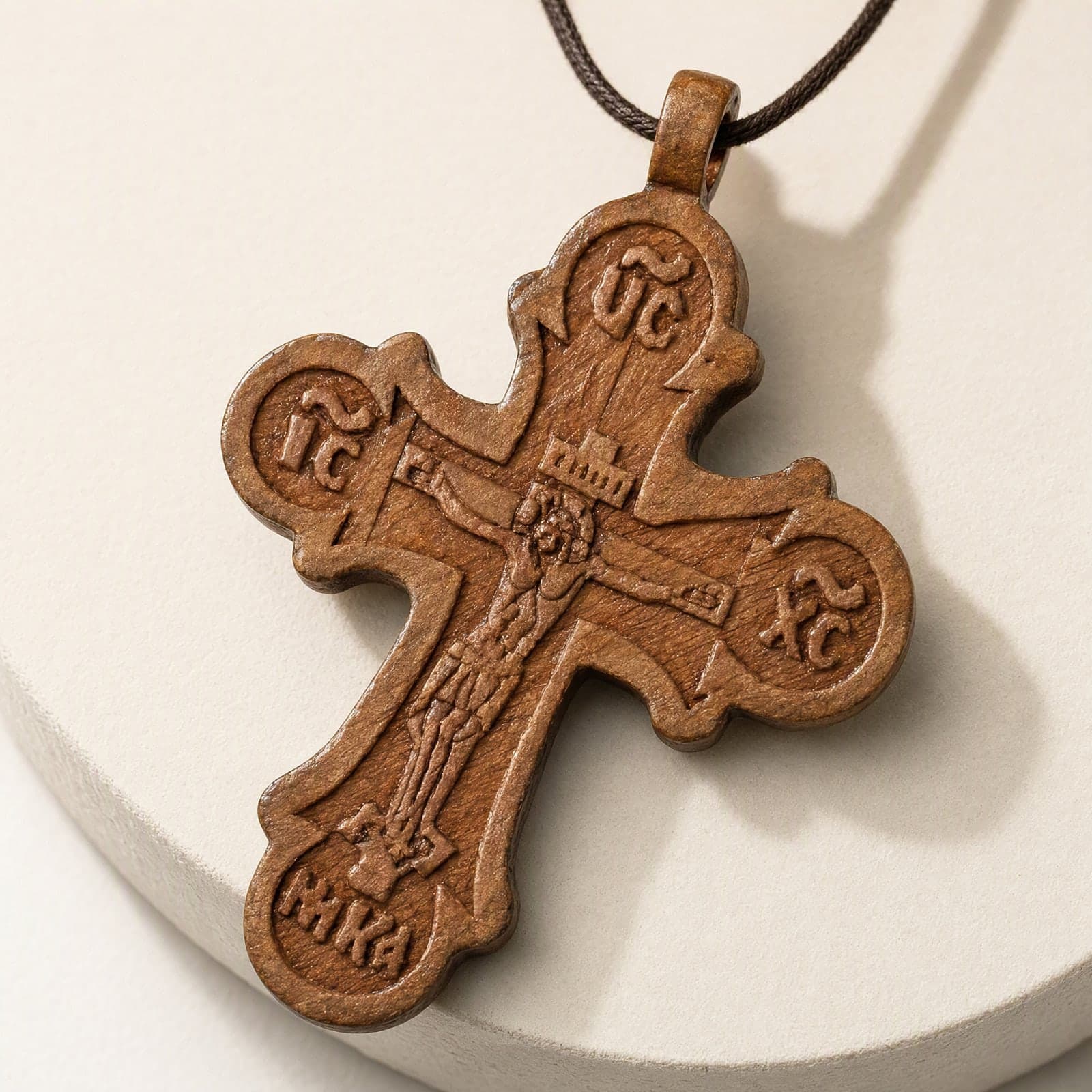 Orthodox Crucifix, wooden cross: close-up of the front relief, on its cord.