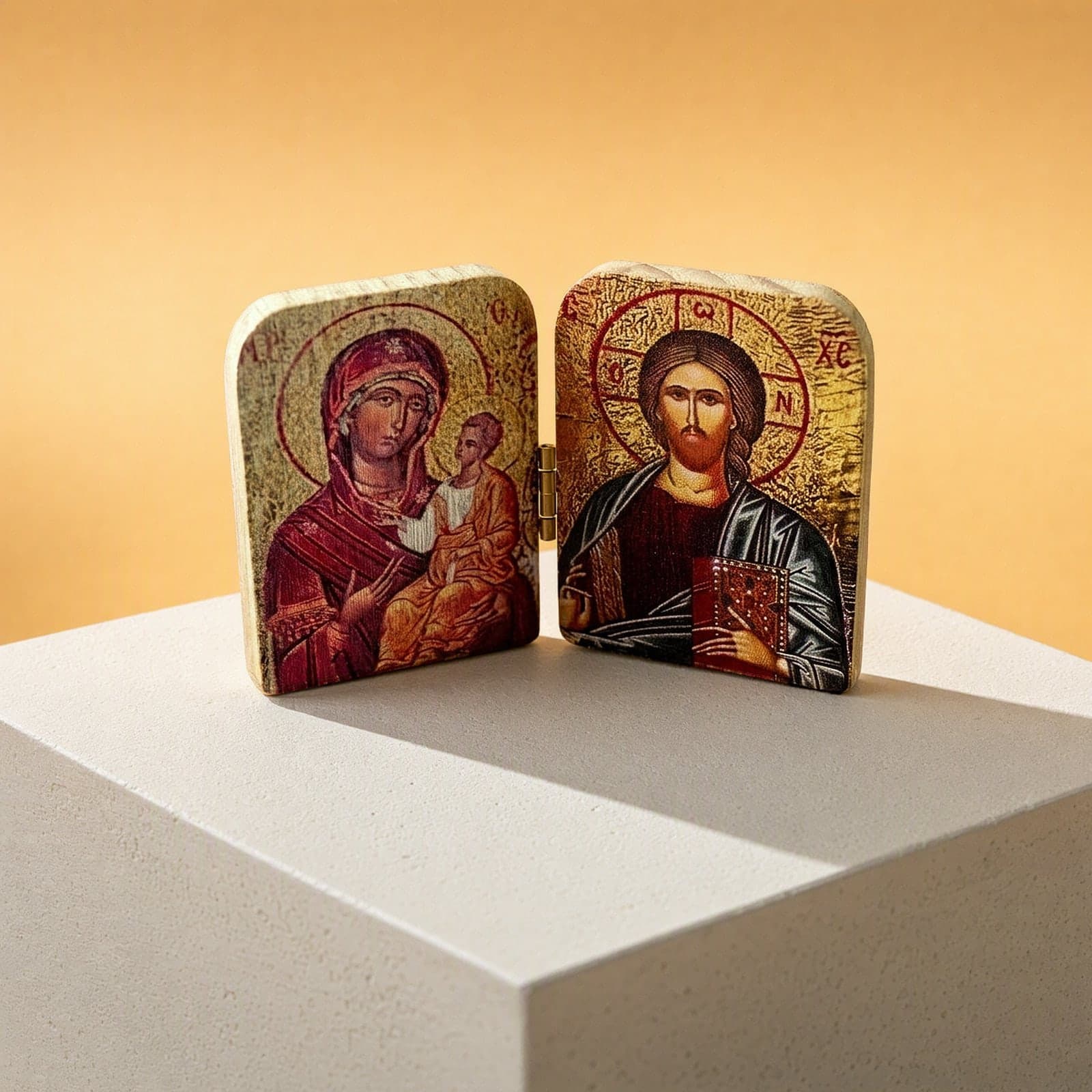 Orthodox Virgin Mary & Child, Jesus Christ - Wooden Icon seen from a 45-degree angle on a white plinth.