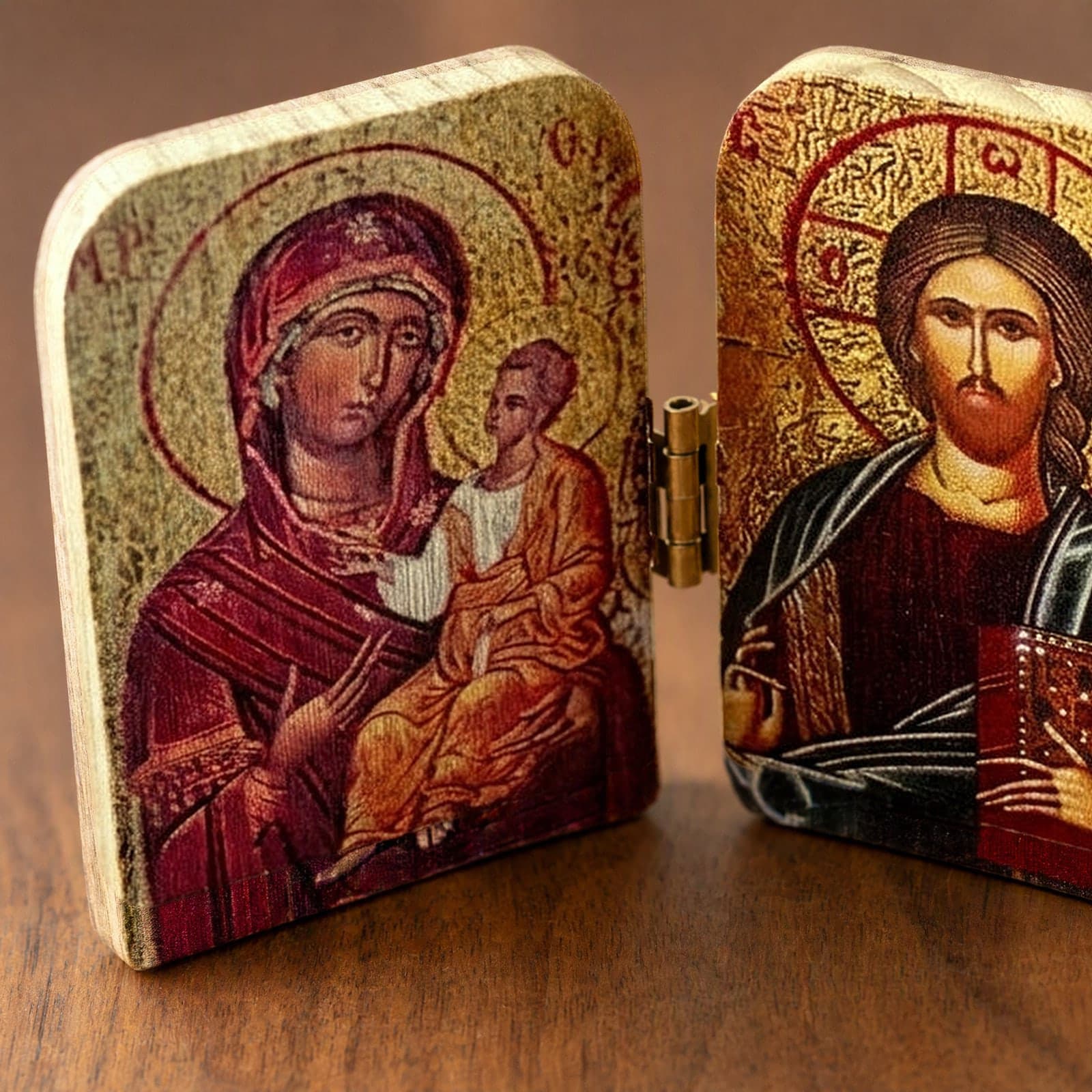 Close-up of the Orthodox Virgin Mary & Child, Jesus Christ - Wooden Icon: the face, halo and finish.