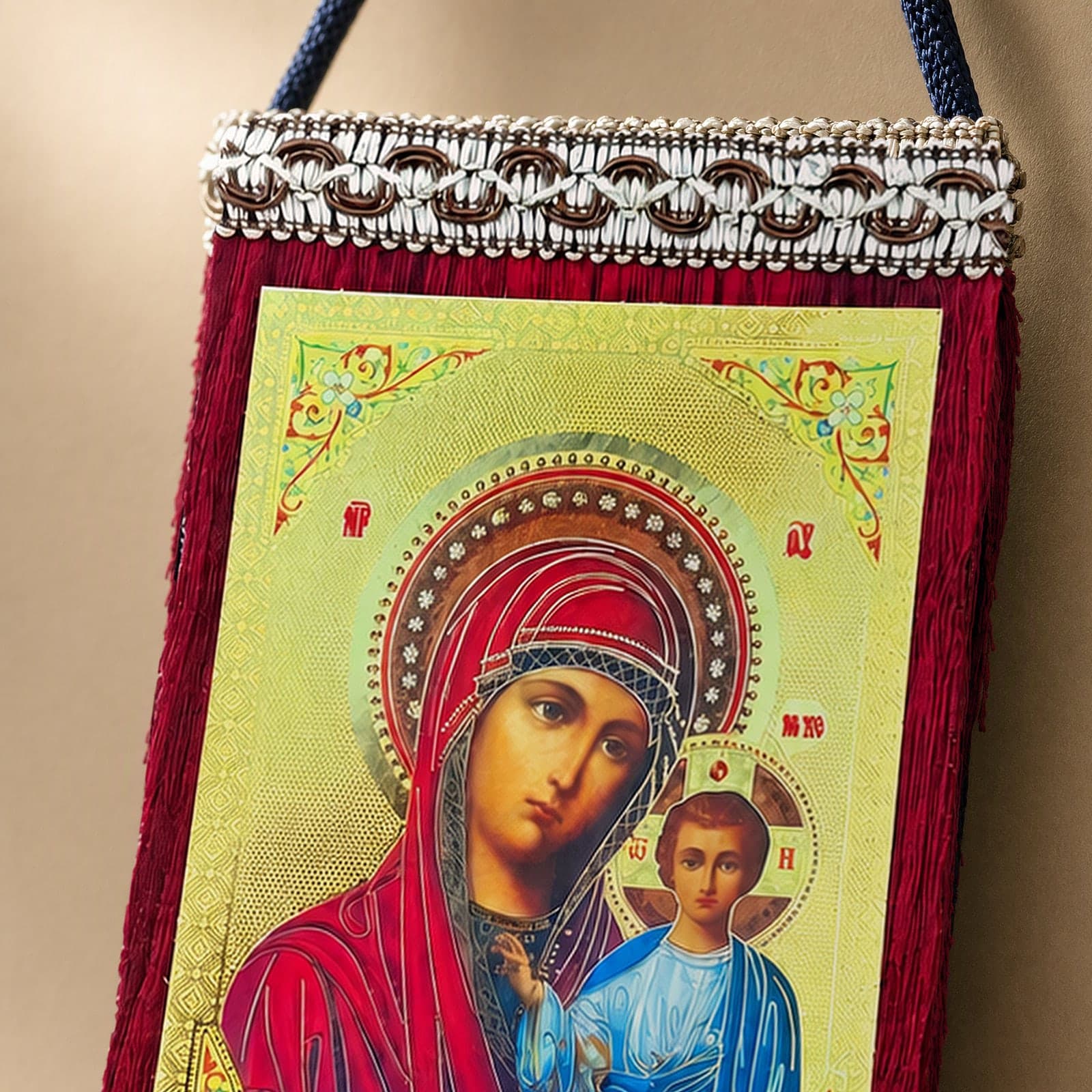 Close-up of the Orthodox Virgin Mary & Jesus - Hanging Icon 20x13cm: the face, halo and finish.