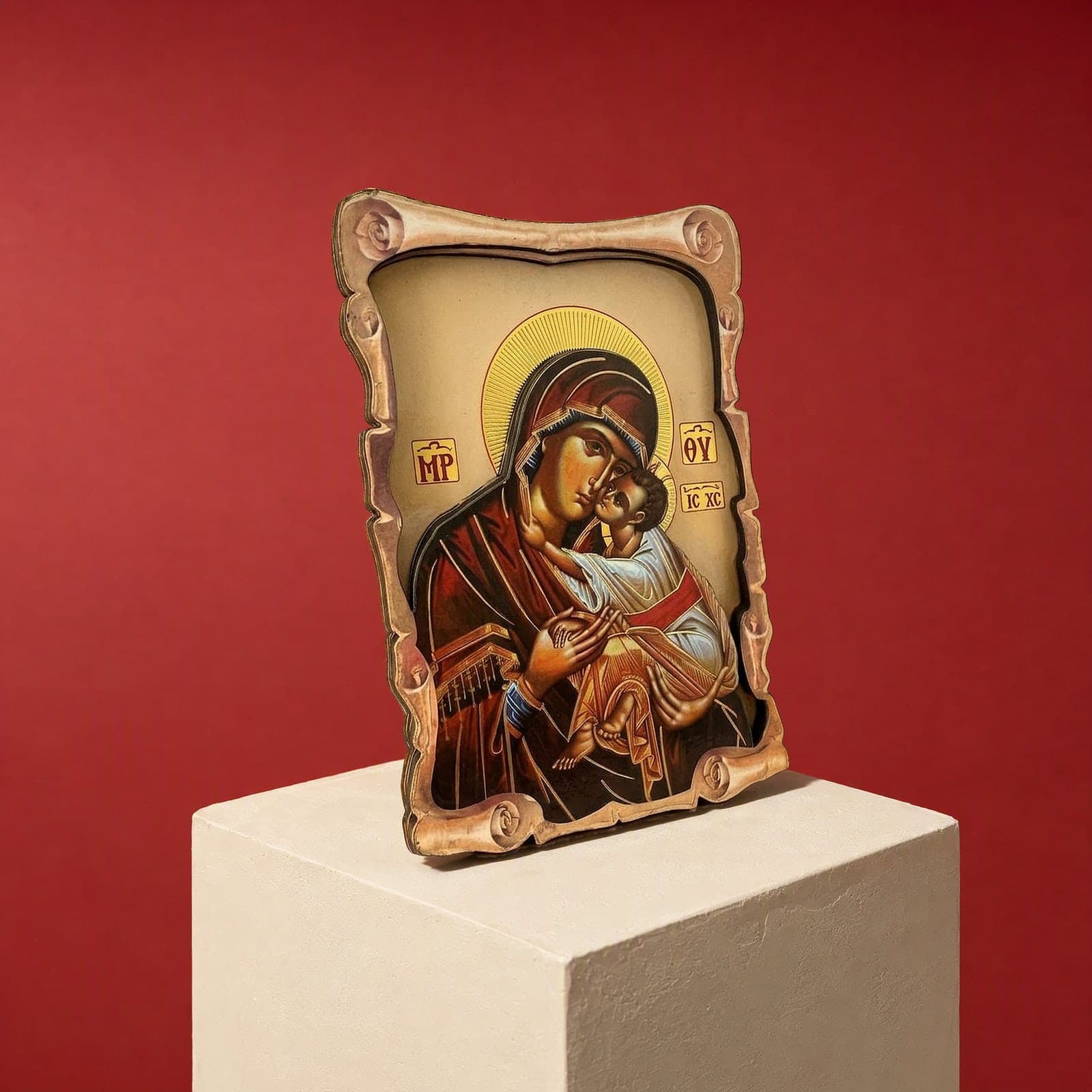 Orthodox Mother of God & Christ - Wooden Icon 14х9cm seen from a 45-degree angle on a white plinth.