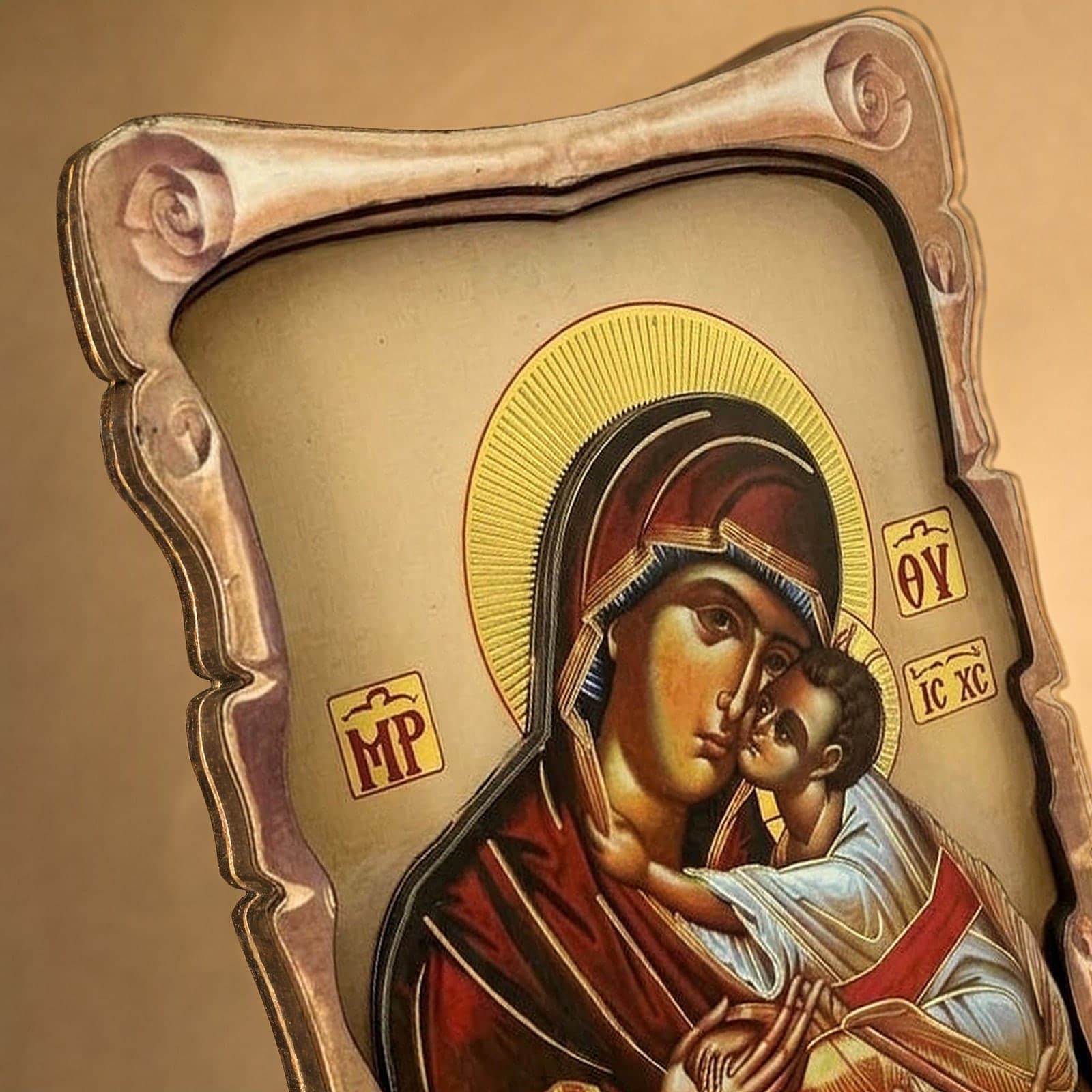 Close-up of the Orthodox Mother of God & Christ - Wooden Icon 14х9cm: the face, halo and finish.